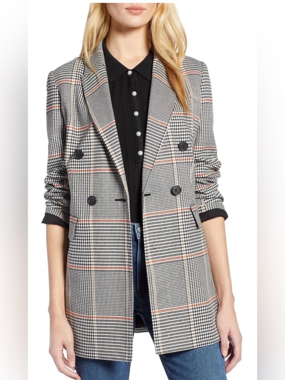 Halogen Black & Gray Plaid Double-Breasted Blazer with Brown Accent